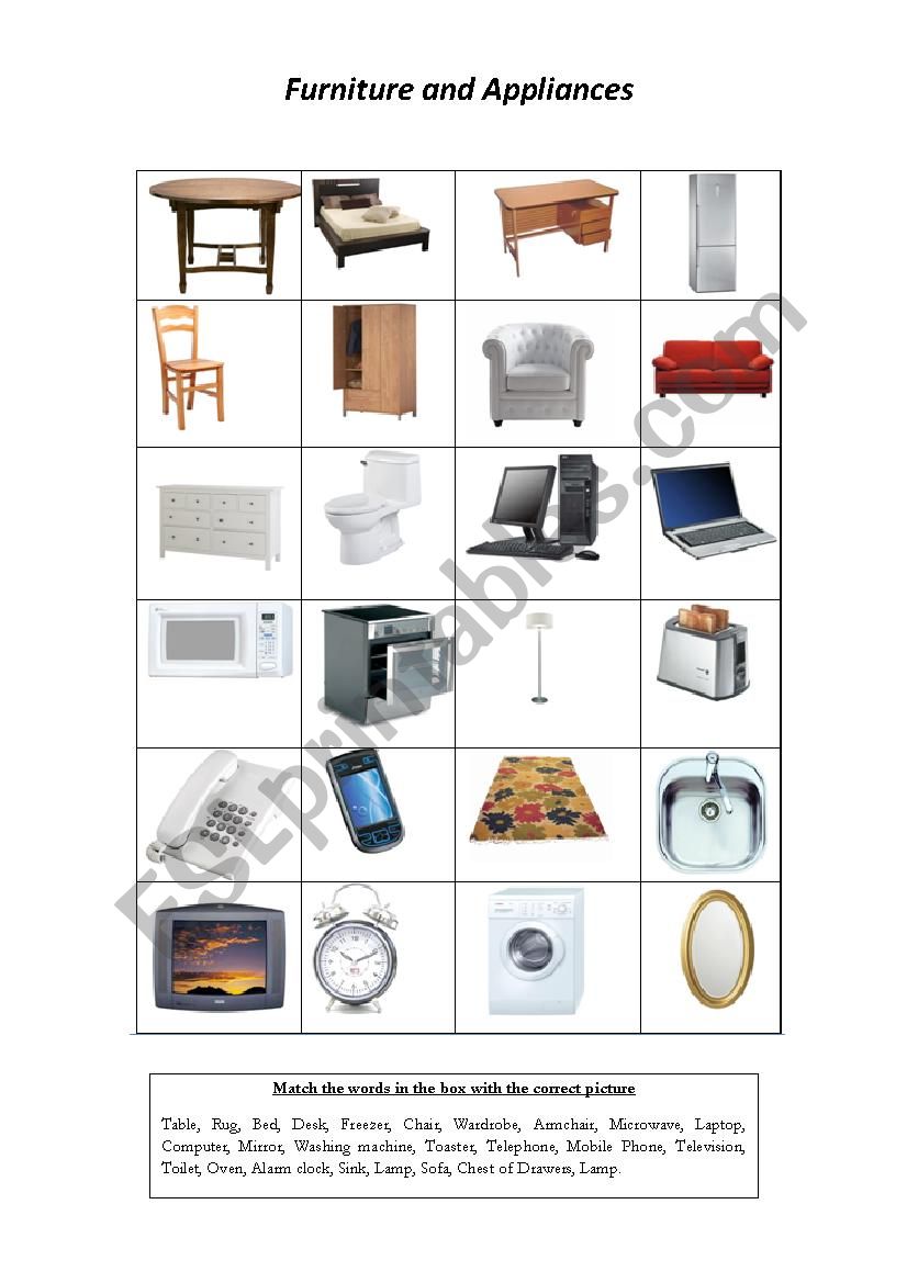 Furniture and Appliances worksheet
