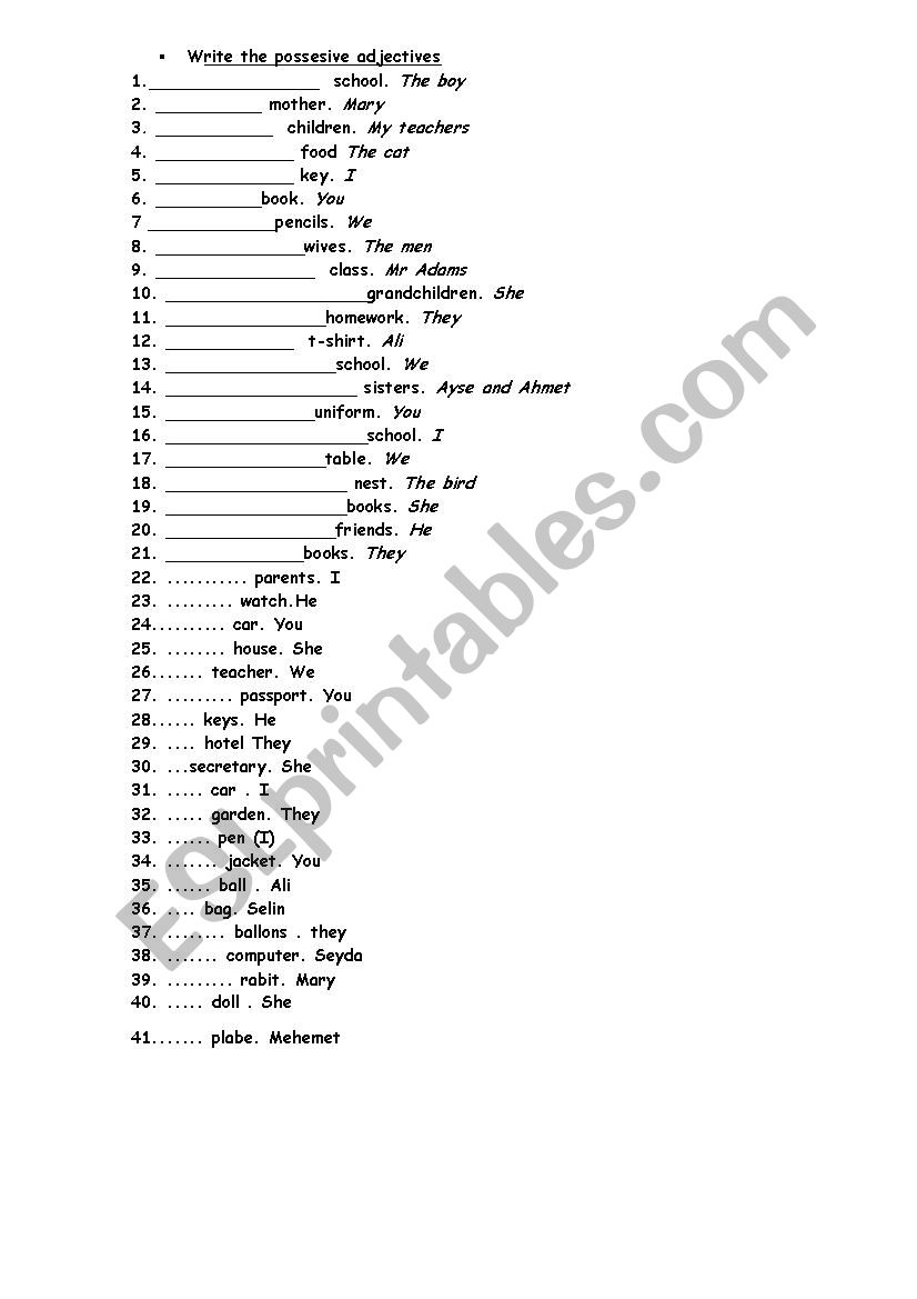 POSSESIVE ADJECTIVES worksheet