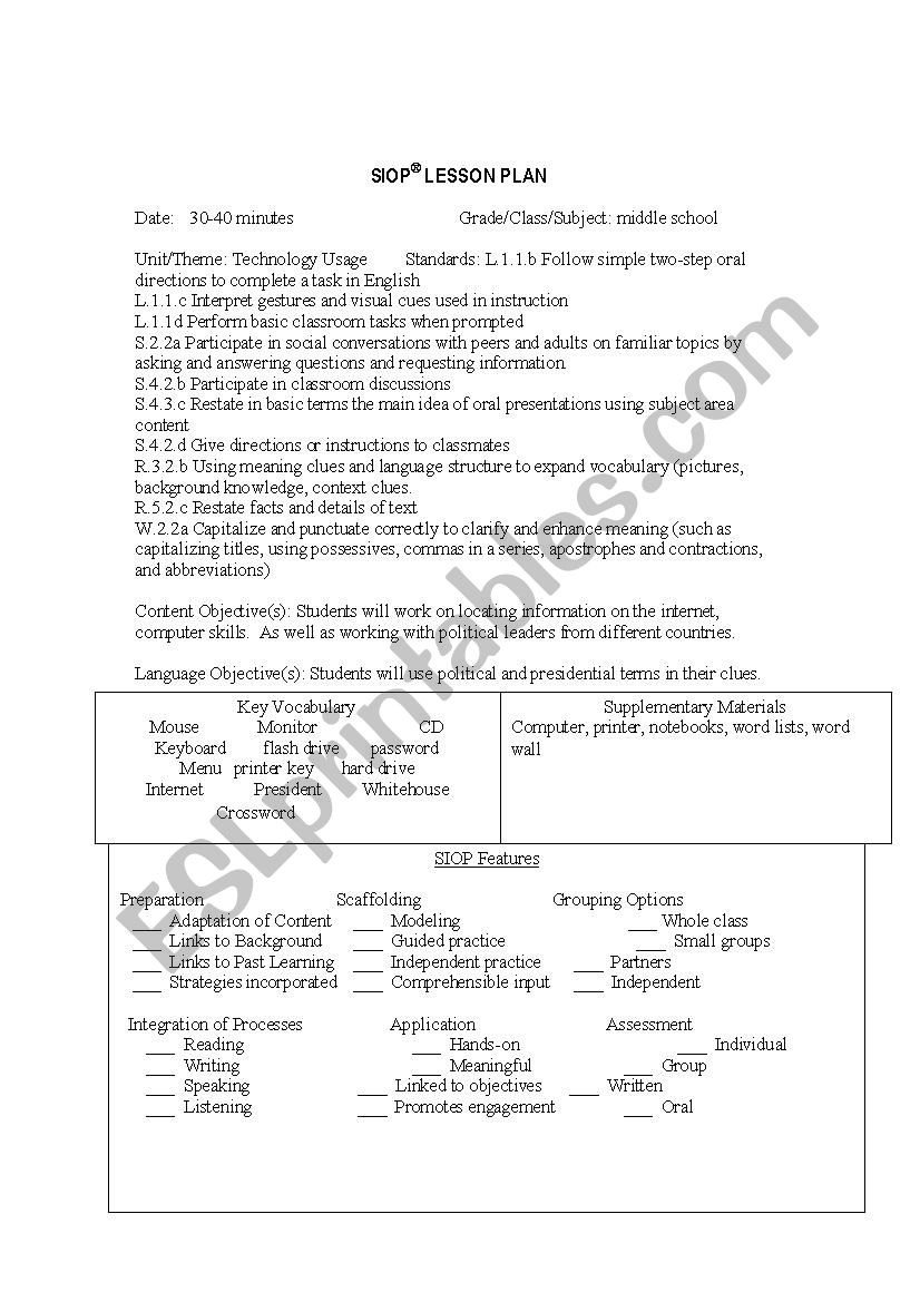 SIOP Lesson Plan Computers worksheet
