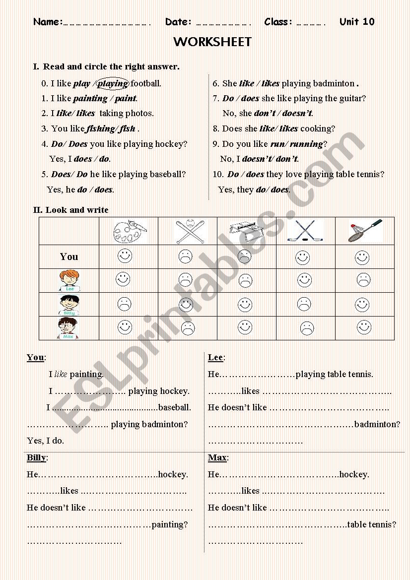 hobbies worksheet