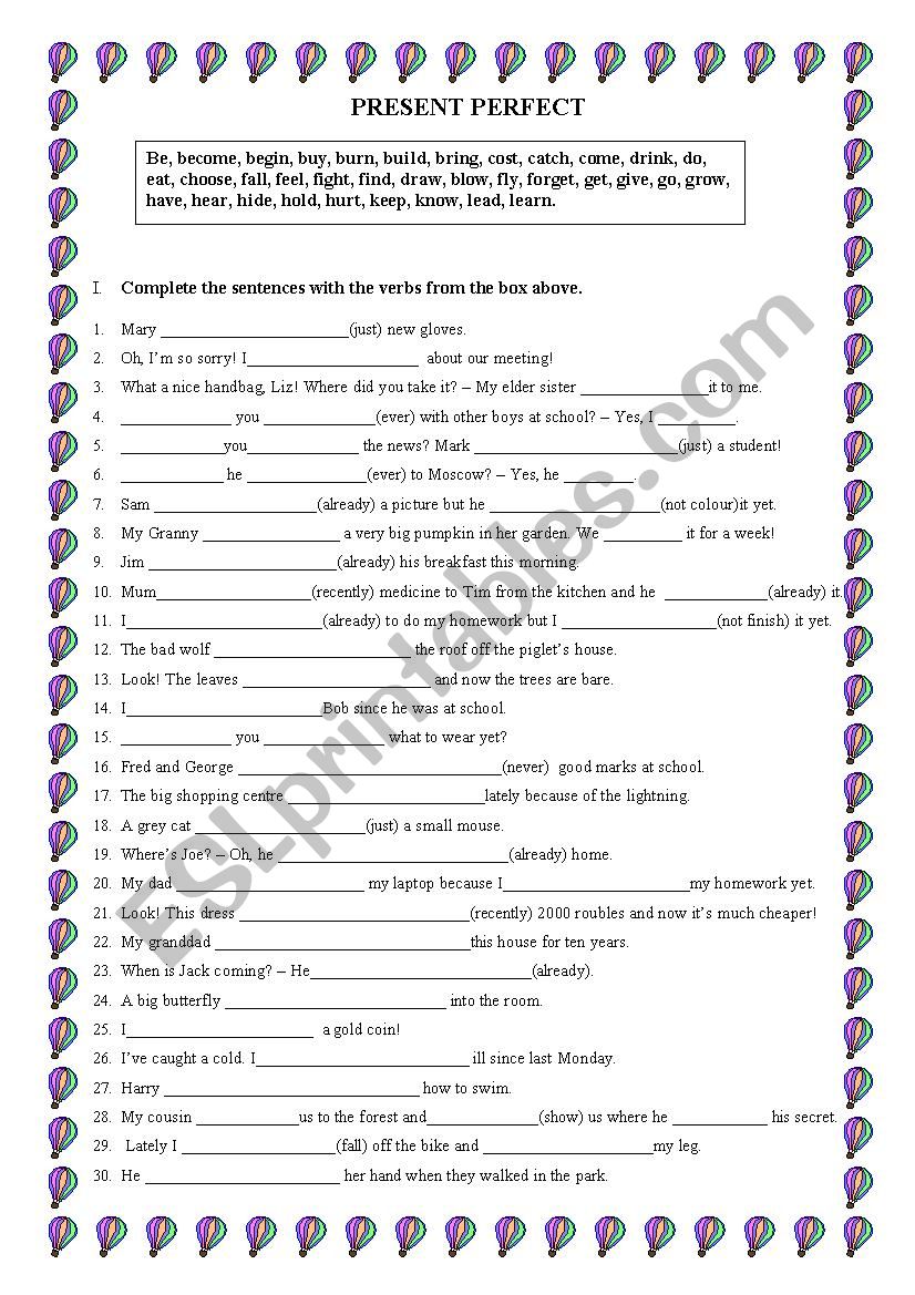 Present Perfect sentences worksheet