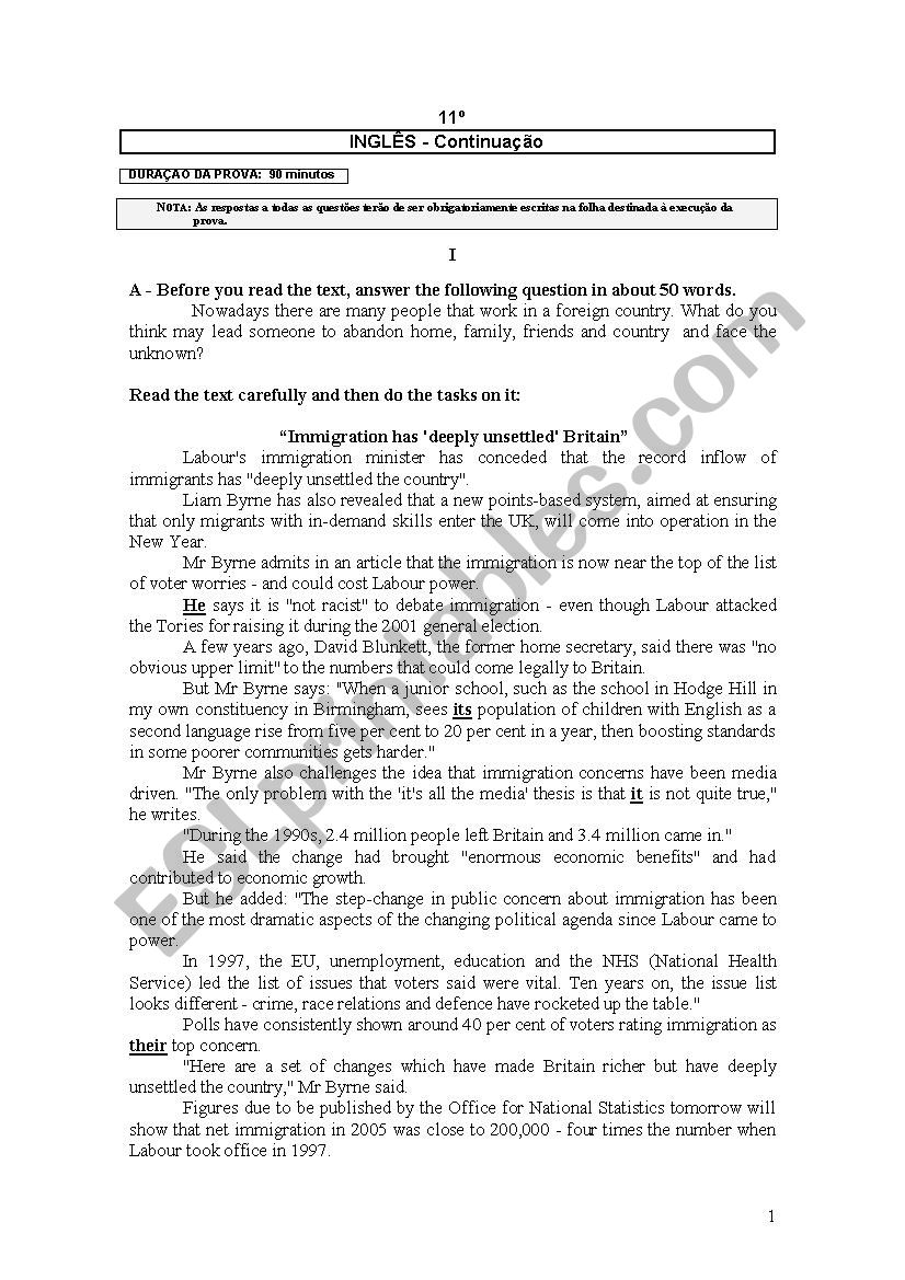 Immigration worksheet