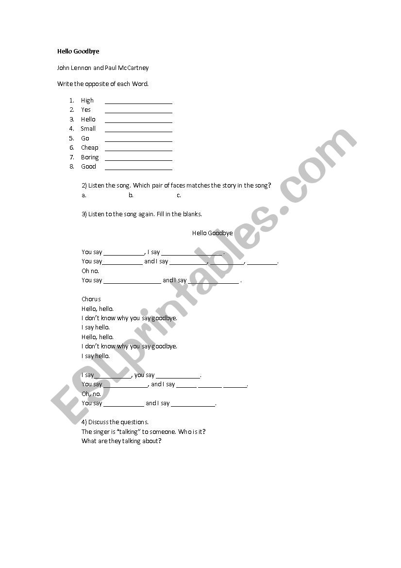 Song Hello goodbye - Beatles worksheet