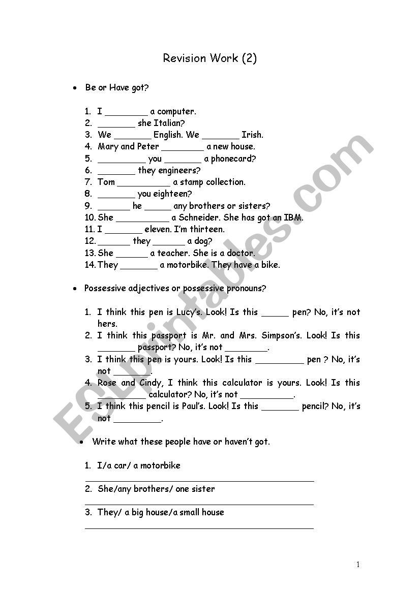 Revision work  2 worksheet