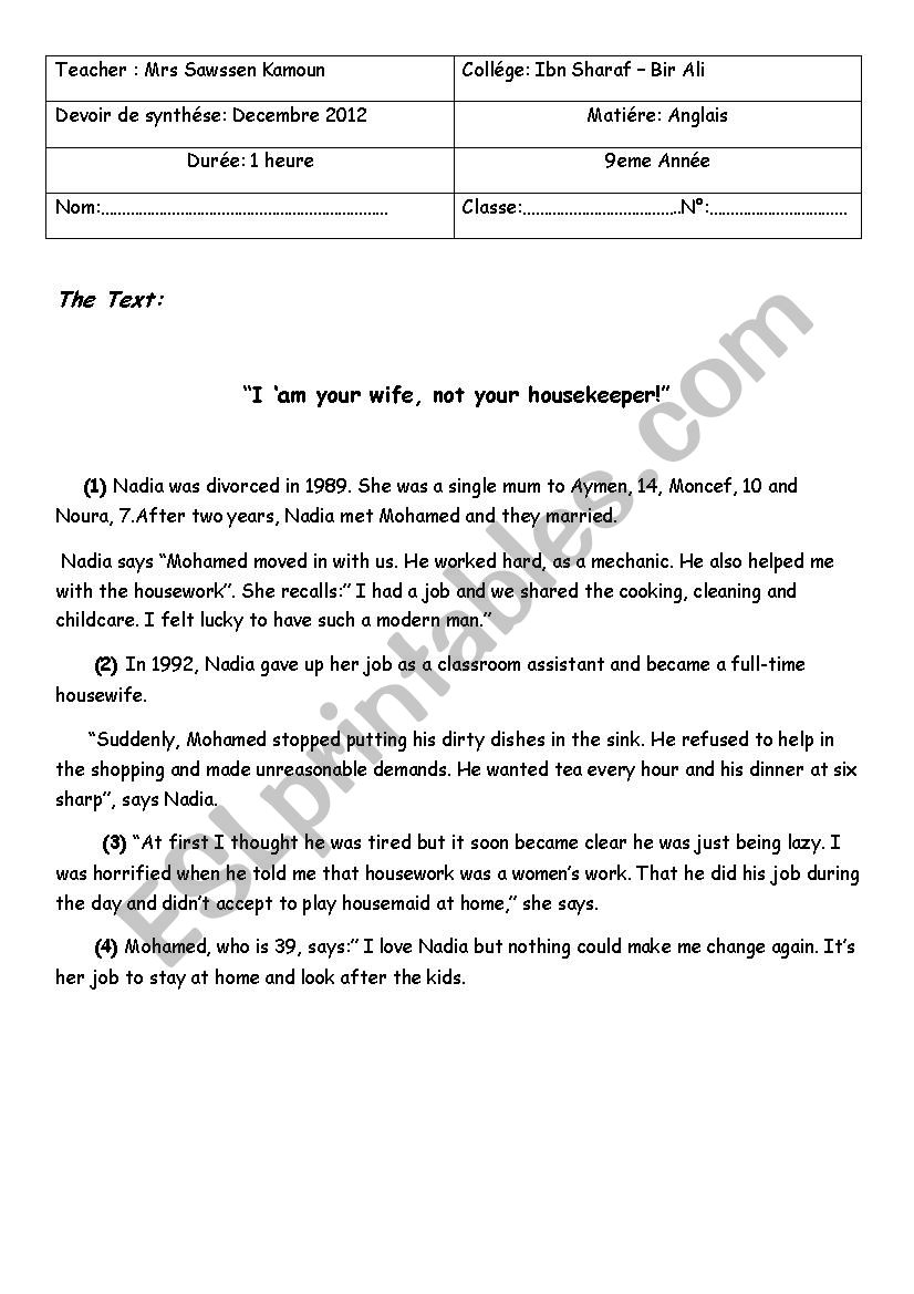 devoir de synthese worksheet