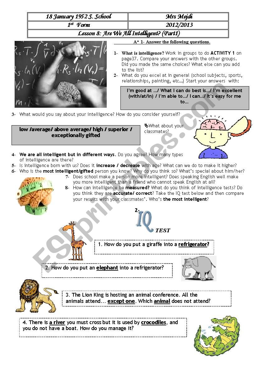 Are weall intelligent? Lesson 8 First Form (Part 1)