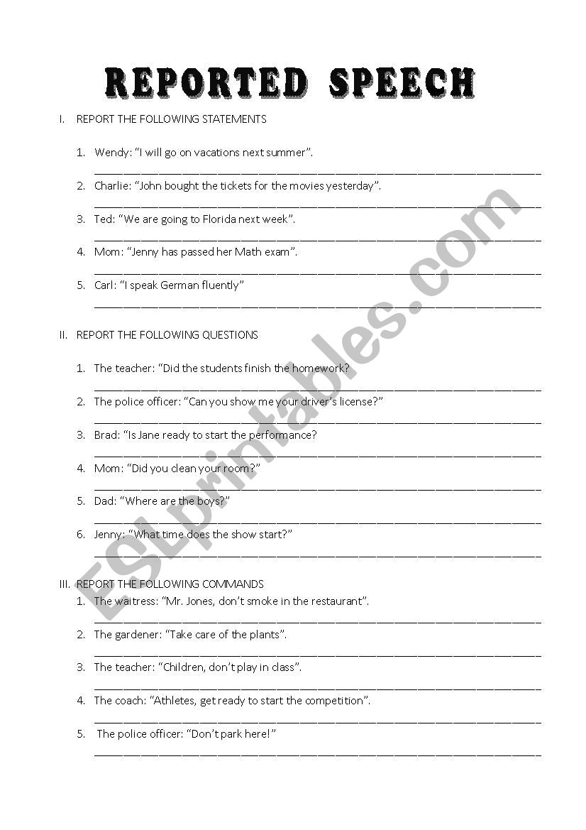 Reported Speech worksheet