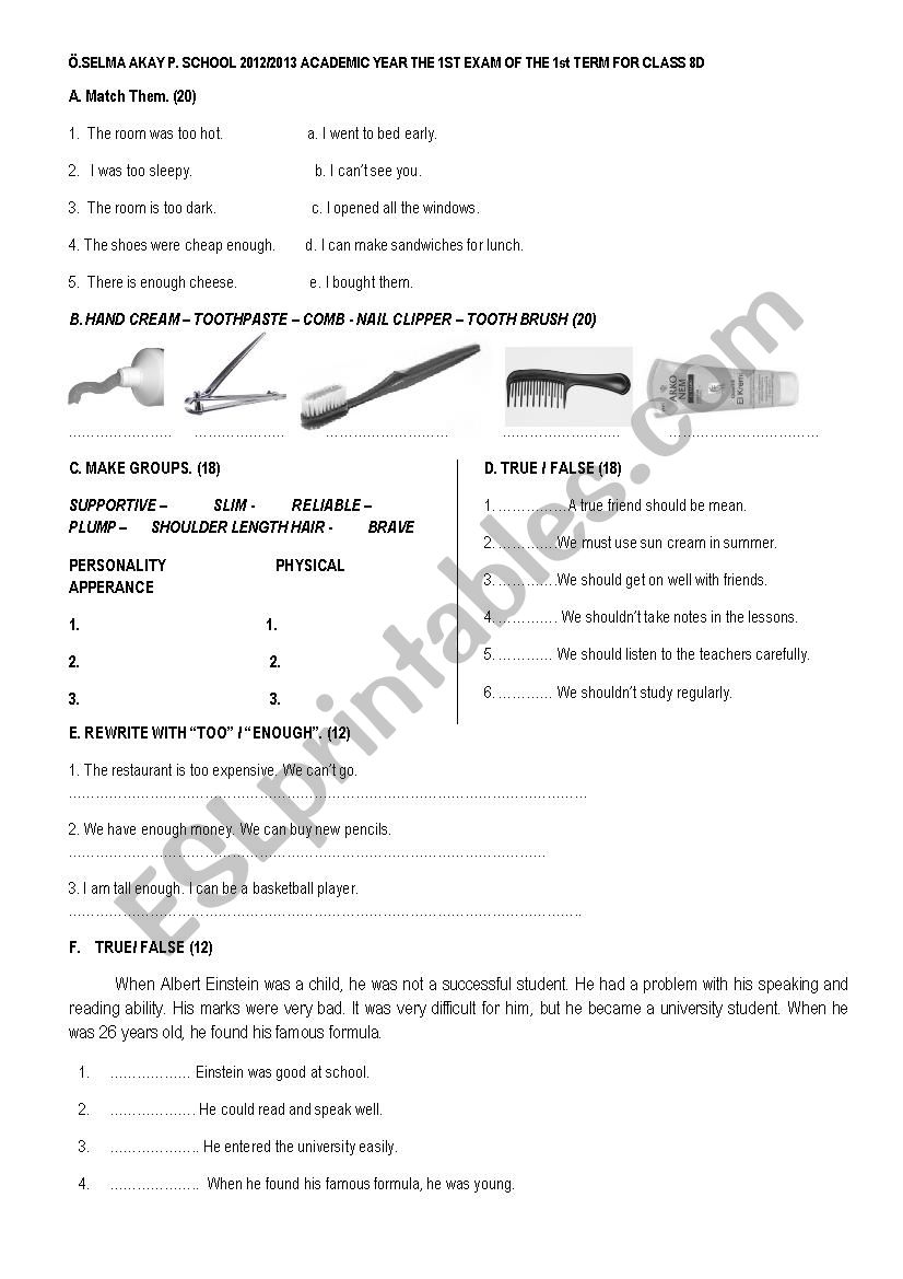 too enough / must worksheet