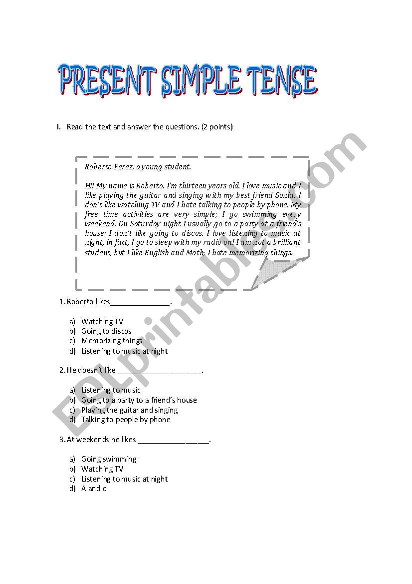 comprehensove reading worksheet present simple