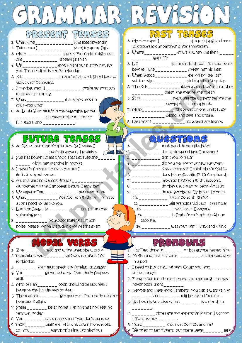 Grammar revision *Present, Past, Future Tenses, Questions, Modal Verbs, Pronouns* (Greyscale + KEY included)
