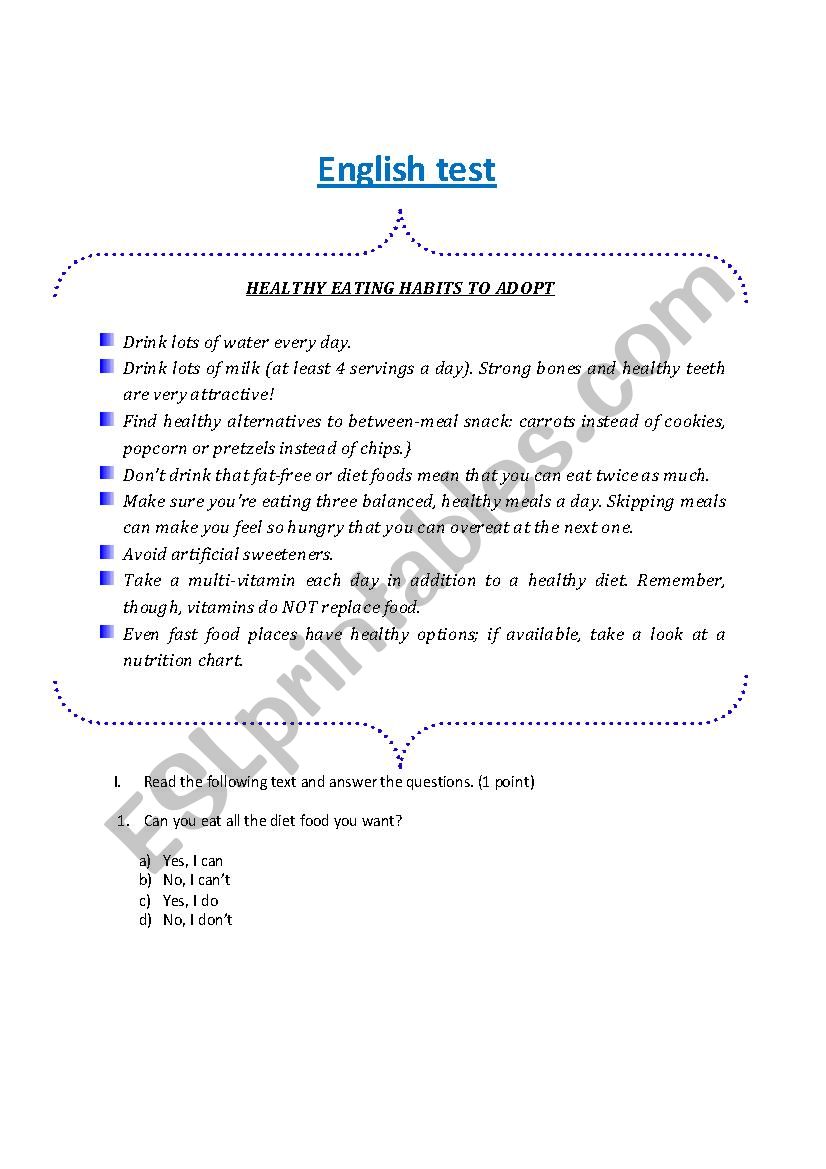 english test healthy habits worksheet