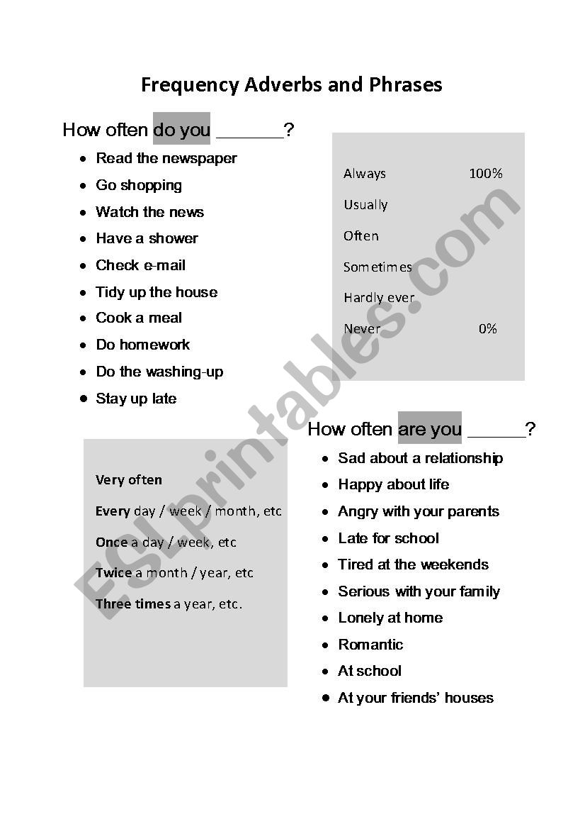 Frequency Adverbs and Phrases worksheet