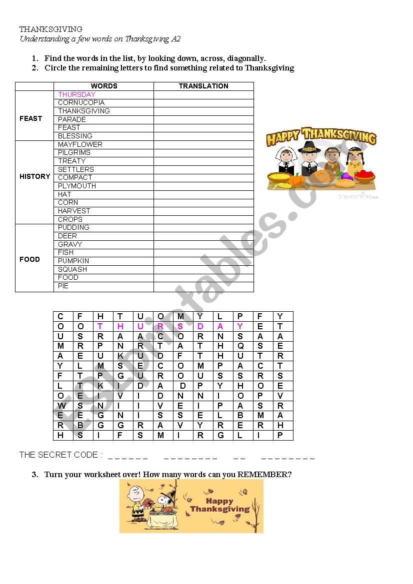 THANKSGIVING GAME worksheet