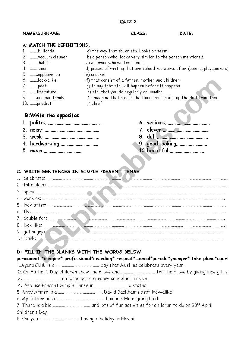 vocabulary quiz worksheet