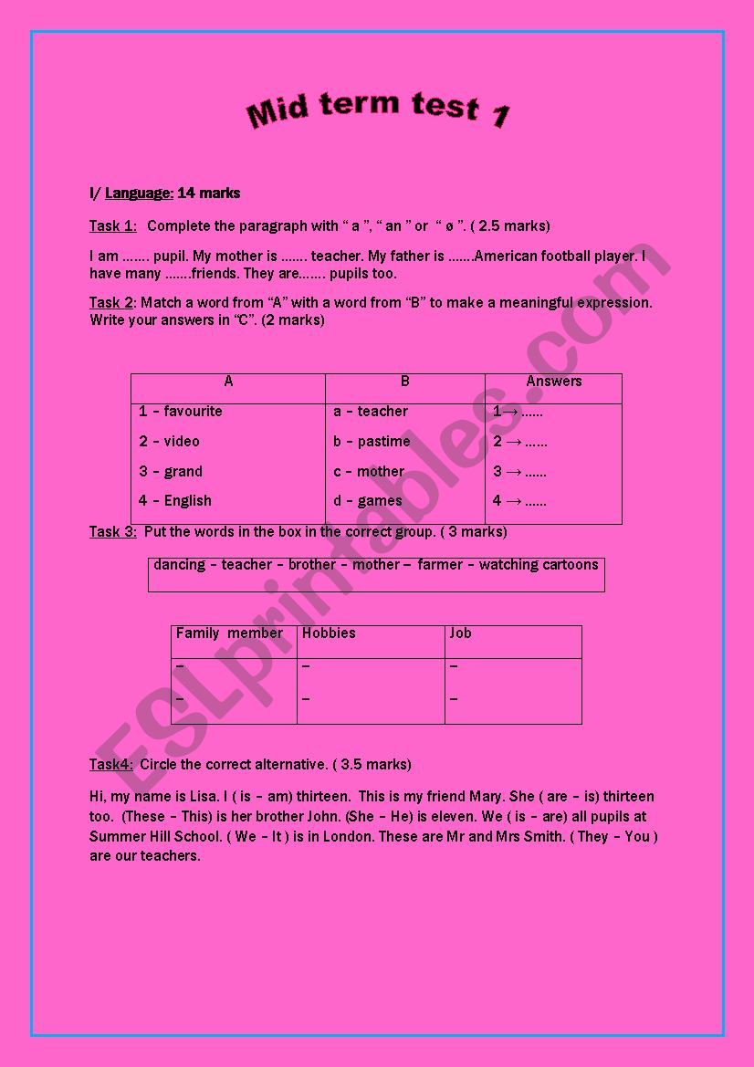  7th form mid term test 1  part 1