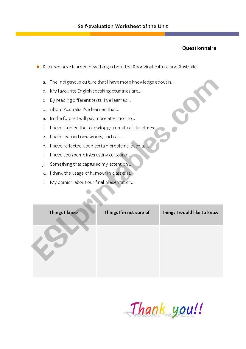 Self-evaluation questionnaire worksheet