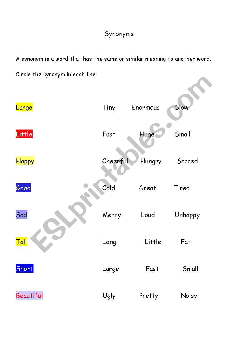 Synonyms and adjectives worksheet