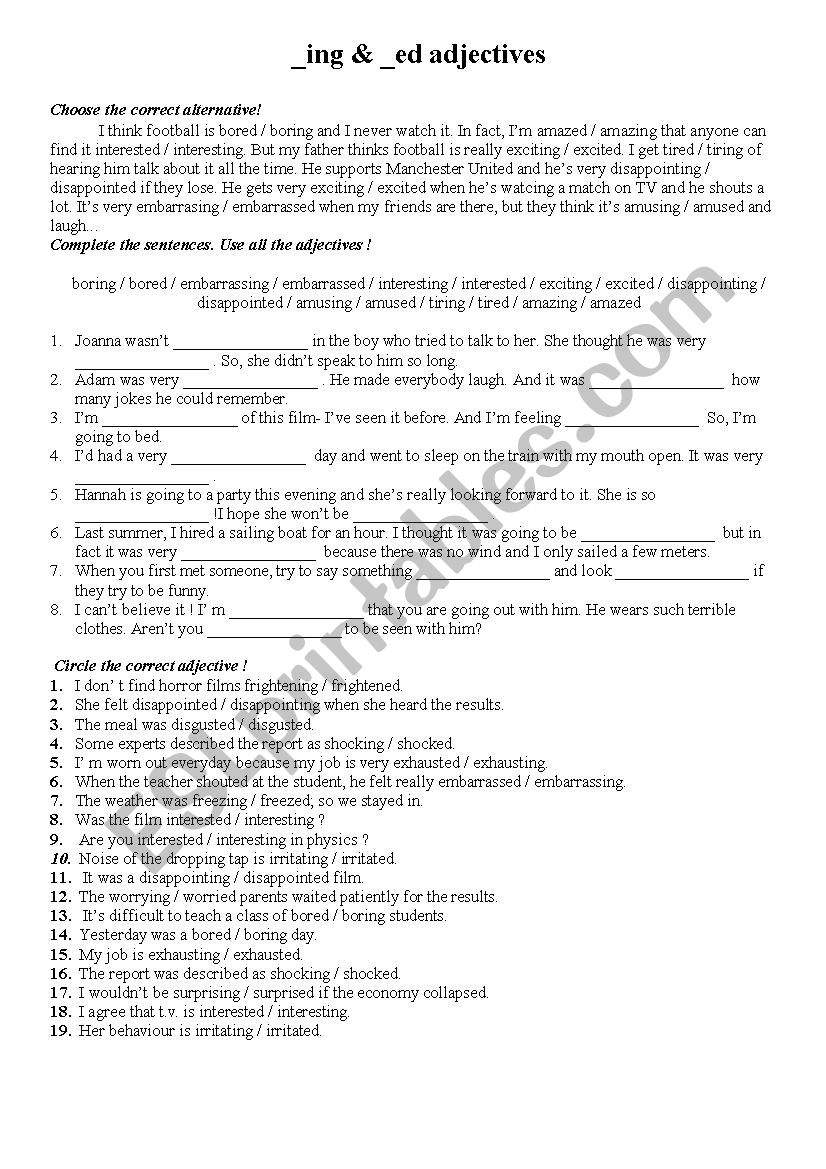 -ed and -ing adjectives worksheet