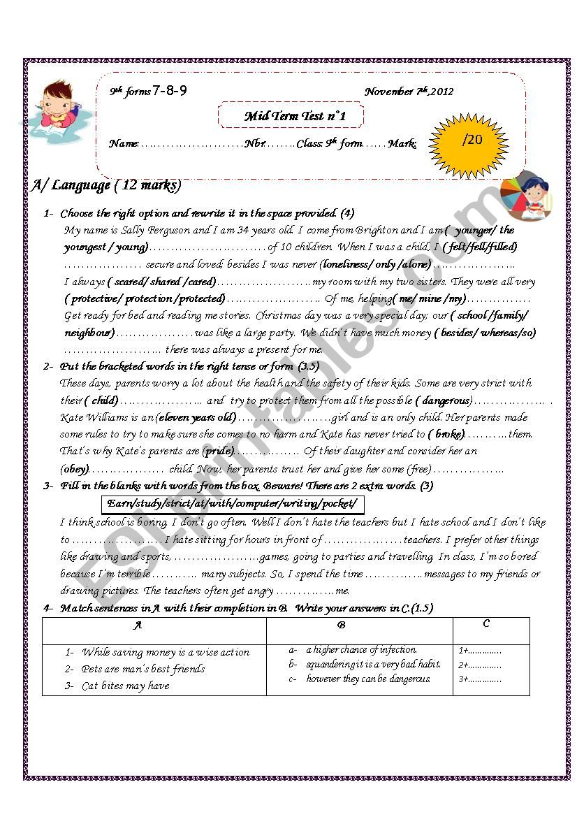 mid term test 19th form worksheet