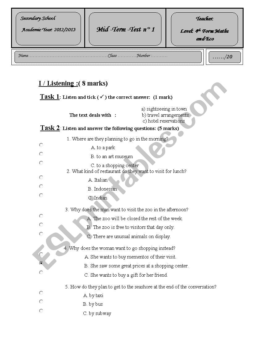 MID TERM TEST 1 FOR BAC PUPILS