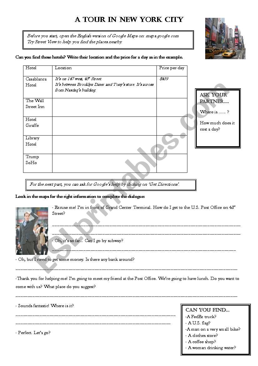 A Tour in New York City worksheet