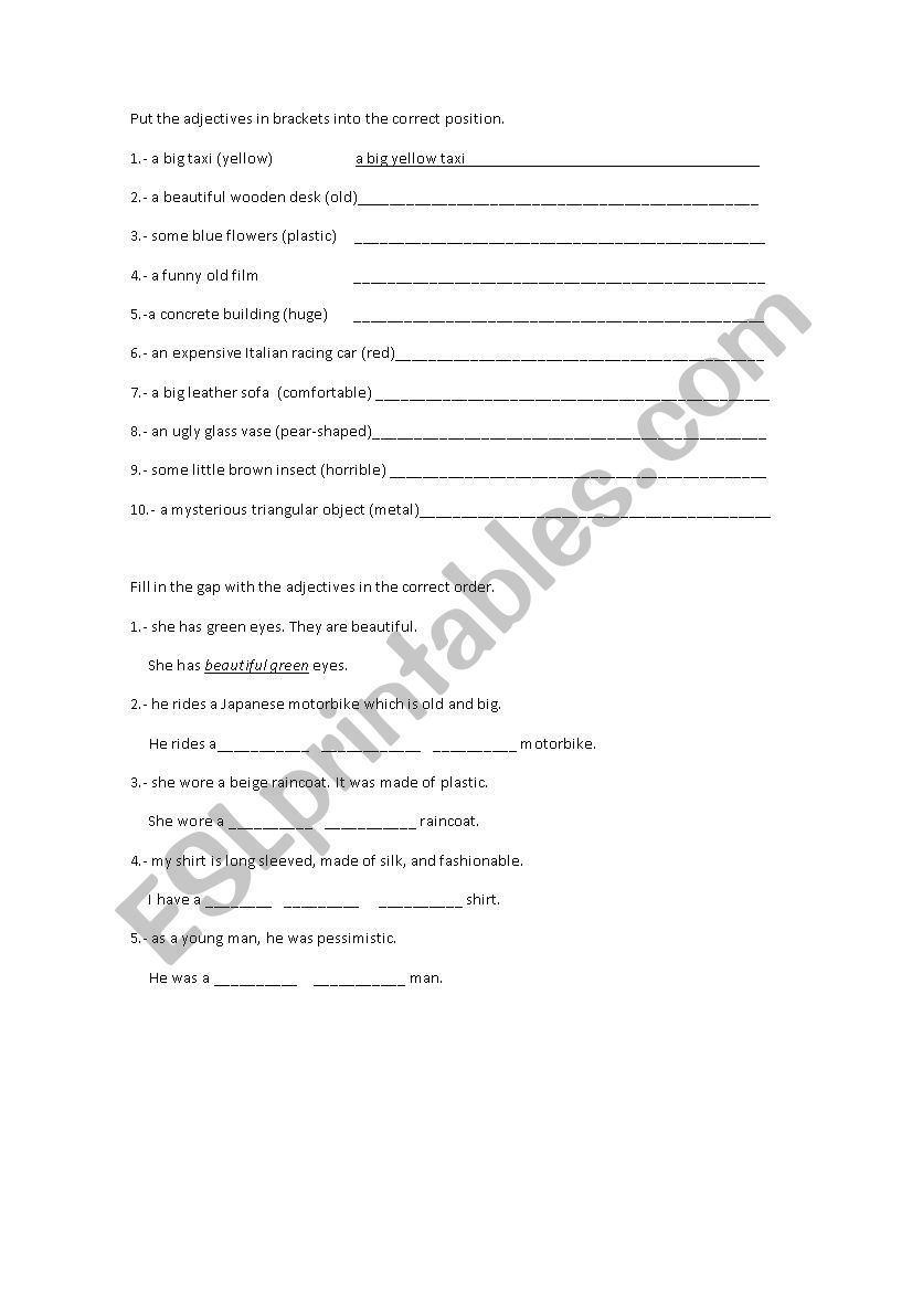 Order of adjectives worksheet