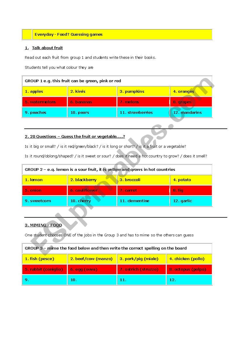 All about FOOD worksheet