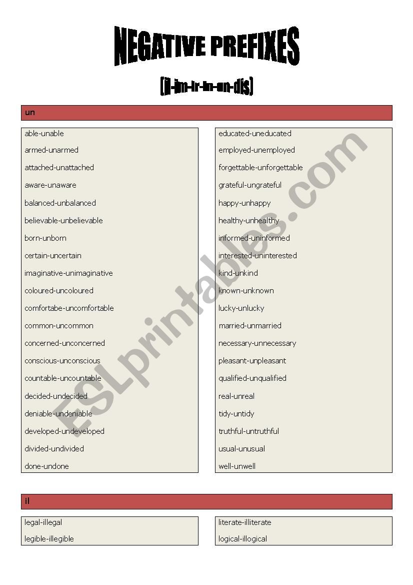 negative prefixes worksheet