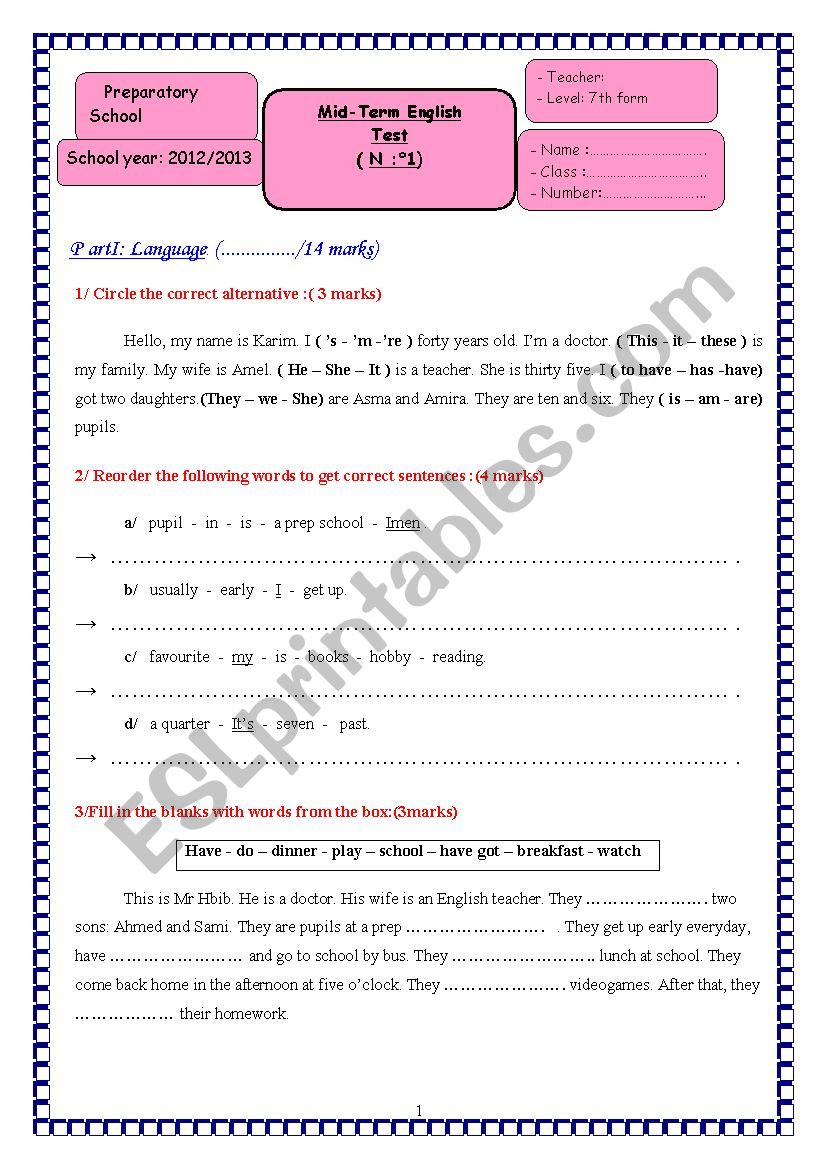 Mid-Term Test N1  worksheet