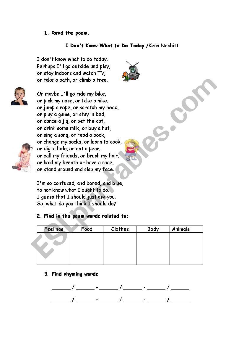 poem: I Don´t Know What to Do Today - 2 page - ESL worksheet by liati