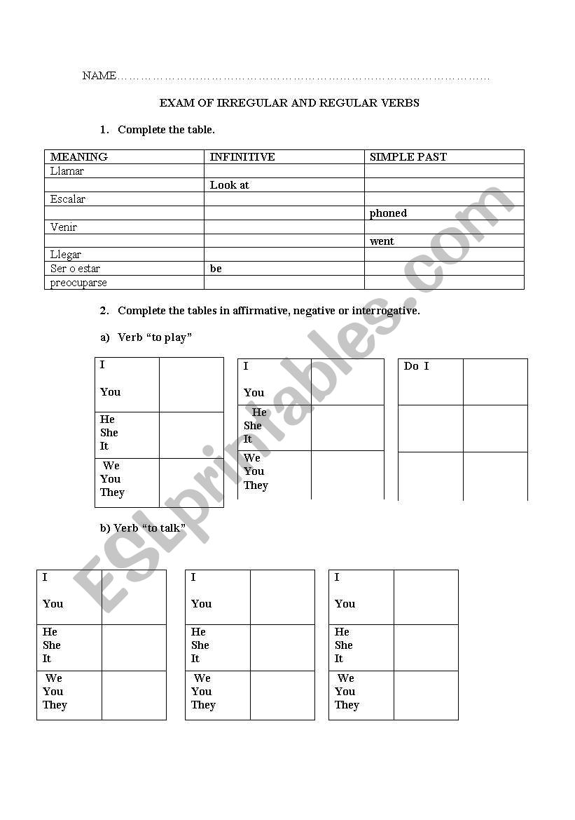 exam of irregular verbs and simple past