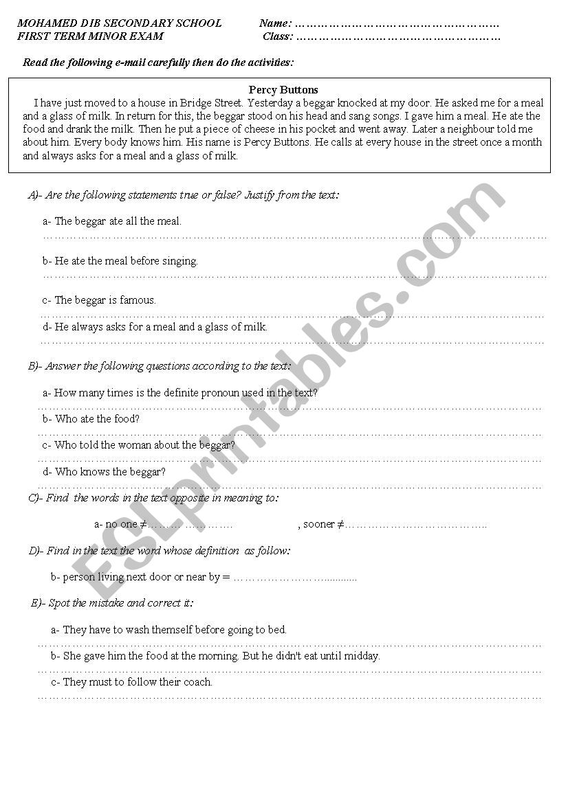 Second term English exam worksheet