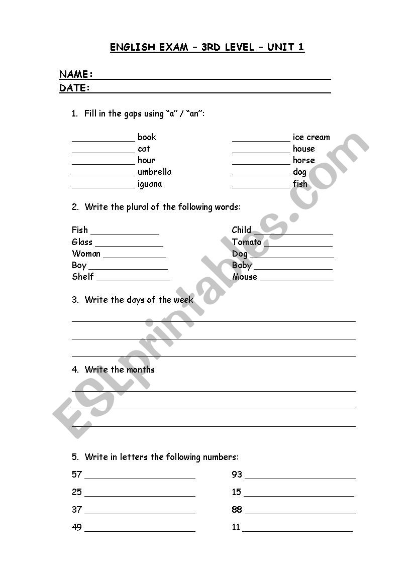 English exam 3rd graders worksheet