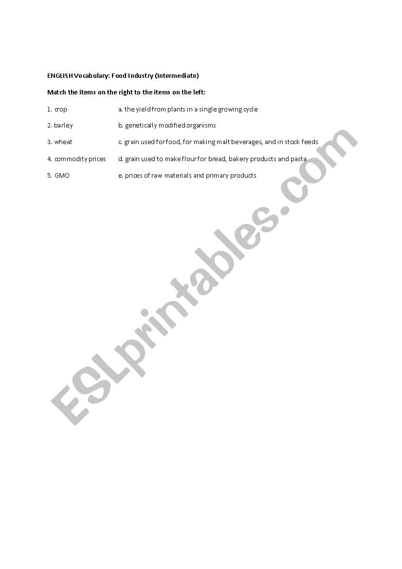 ENGLISH Vocabulary Worksheet. Food Industry