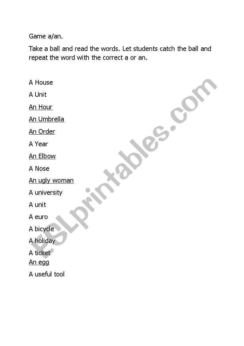 Game a/an worksheet