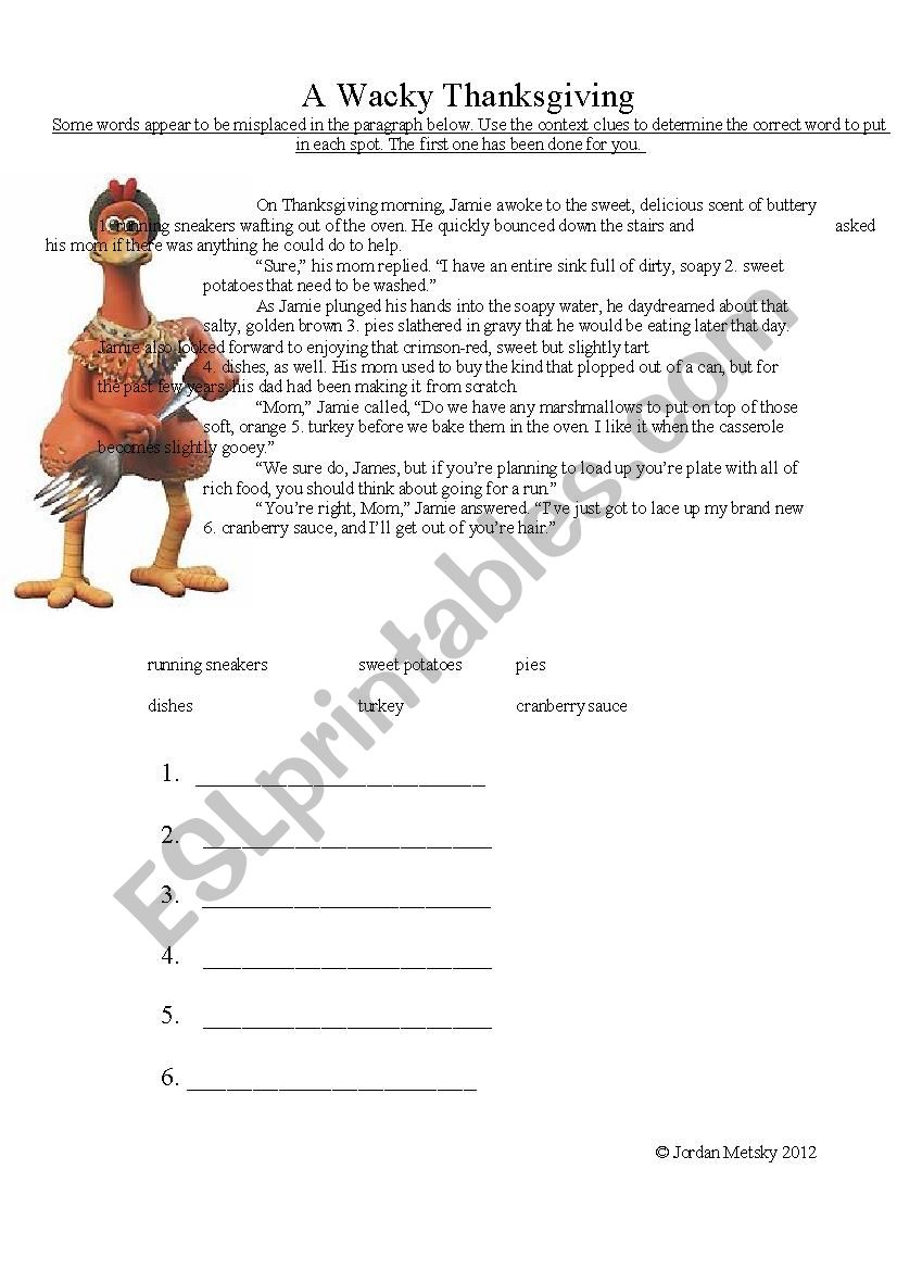 A Wacky Thanksgiving worksheet