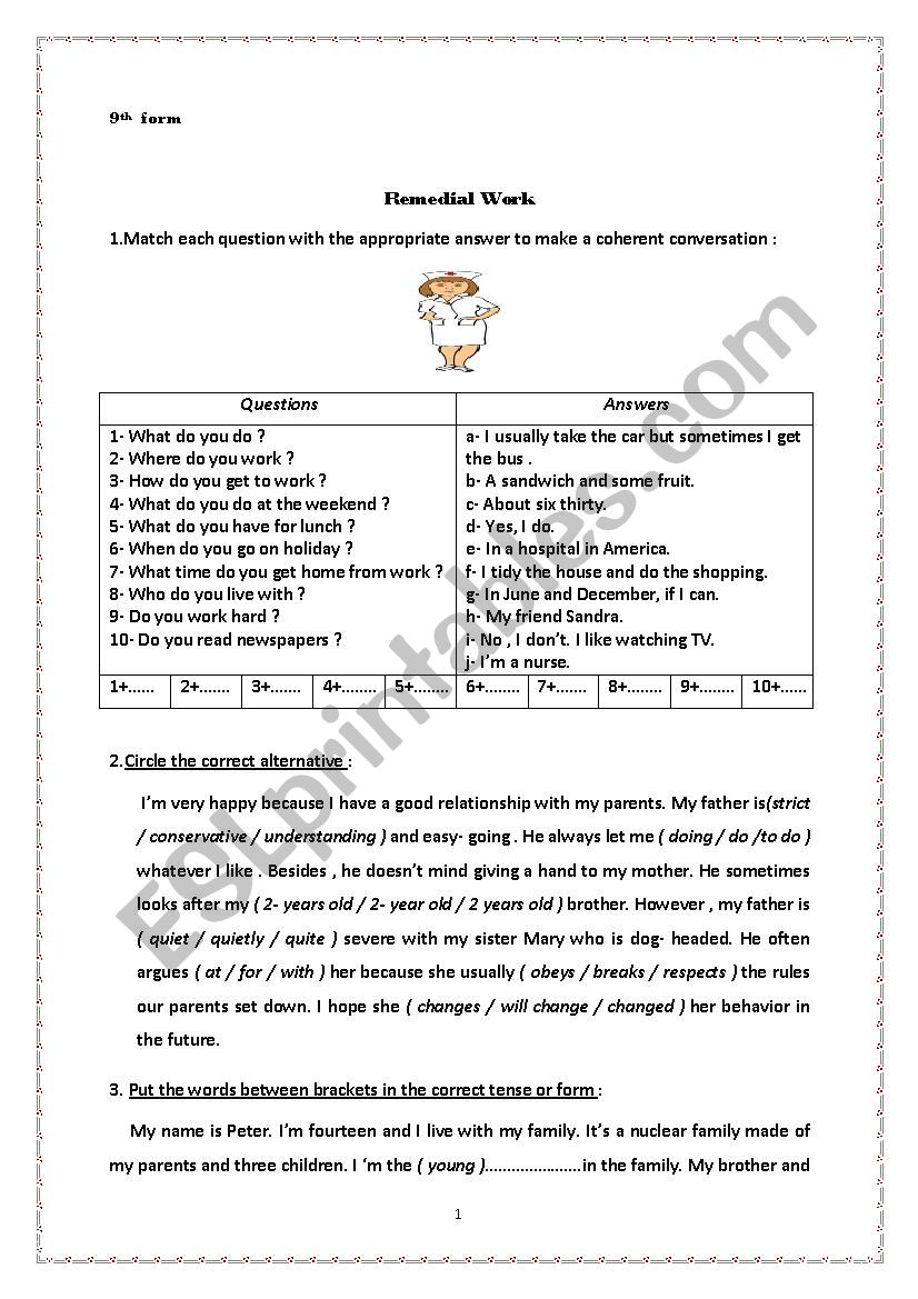 remedial work 9th form worksheet