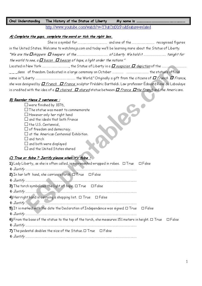 The Statue of Liberty - Oral Understanding  - Worksheet -