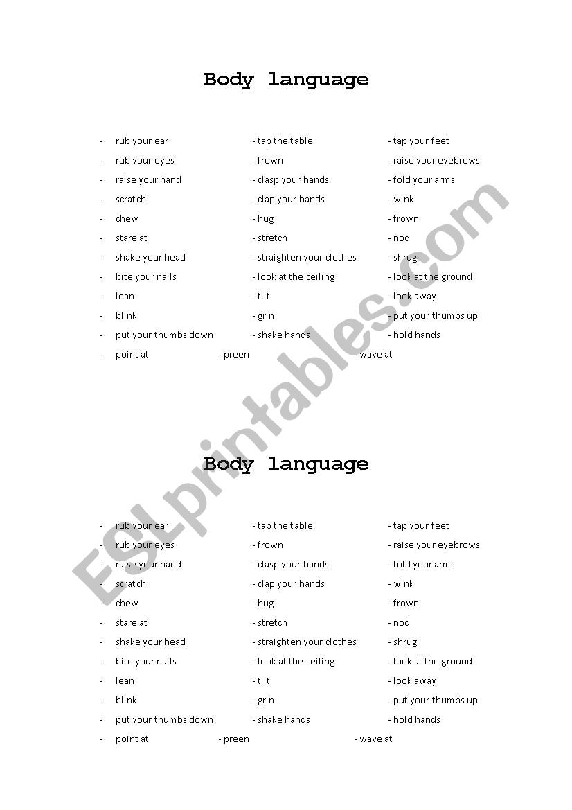 body languages vocabulary worksheet