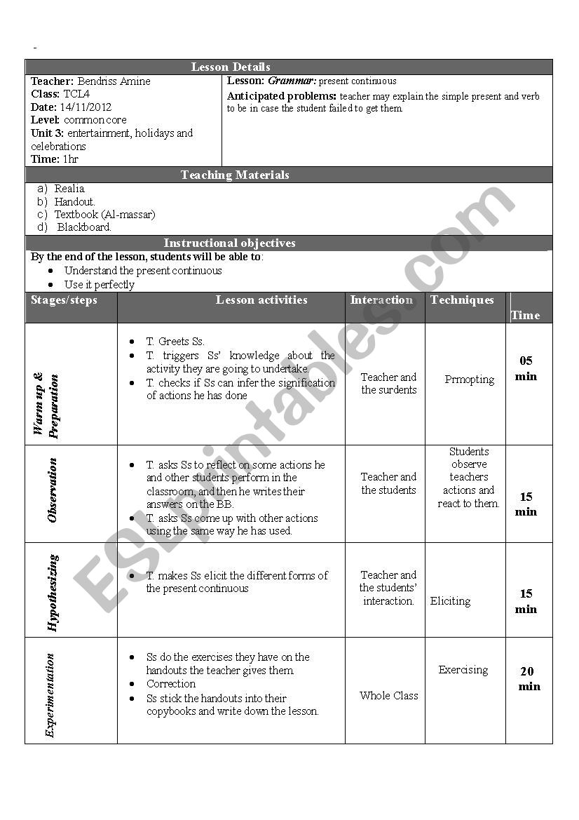 lesson plan for present coninuous
