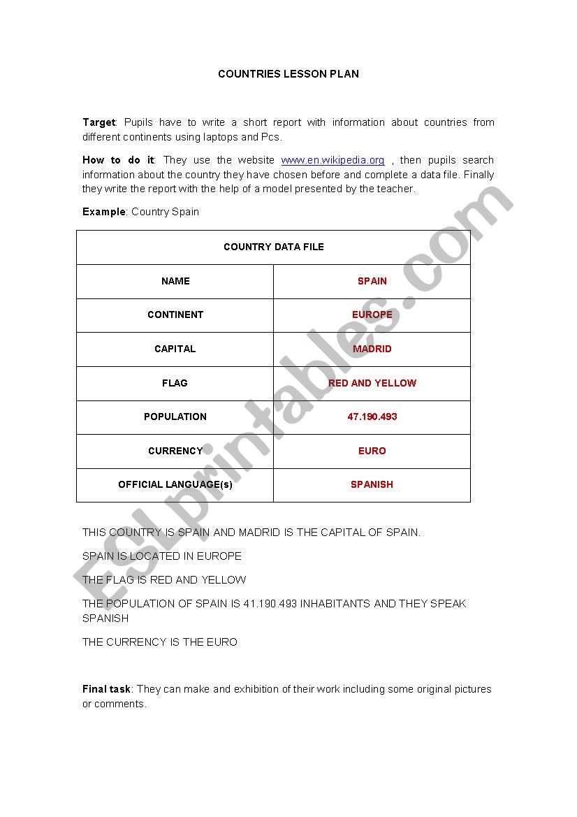 COUNTRIES LESSON PLAN worksheet