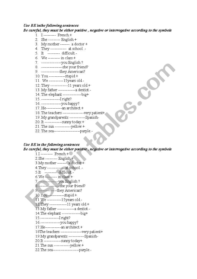 Be in multiple type sentences worksheet