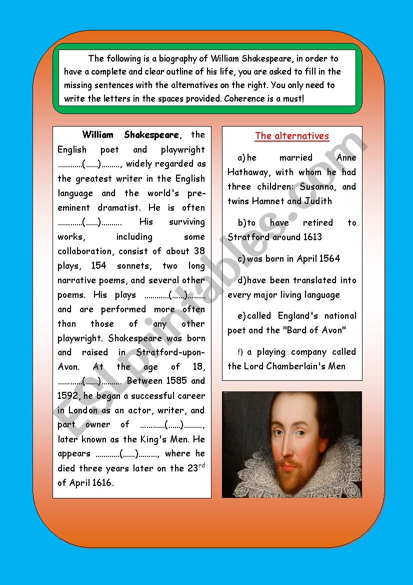 william shakespeare a biography worksheet