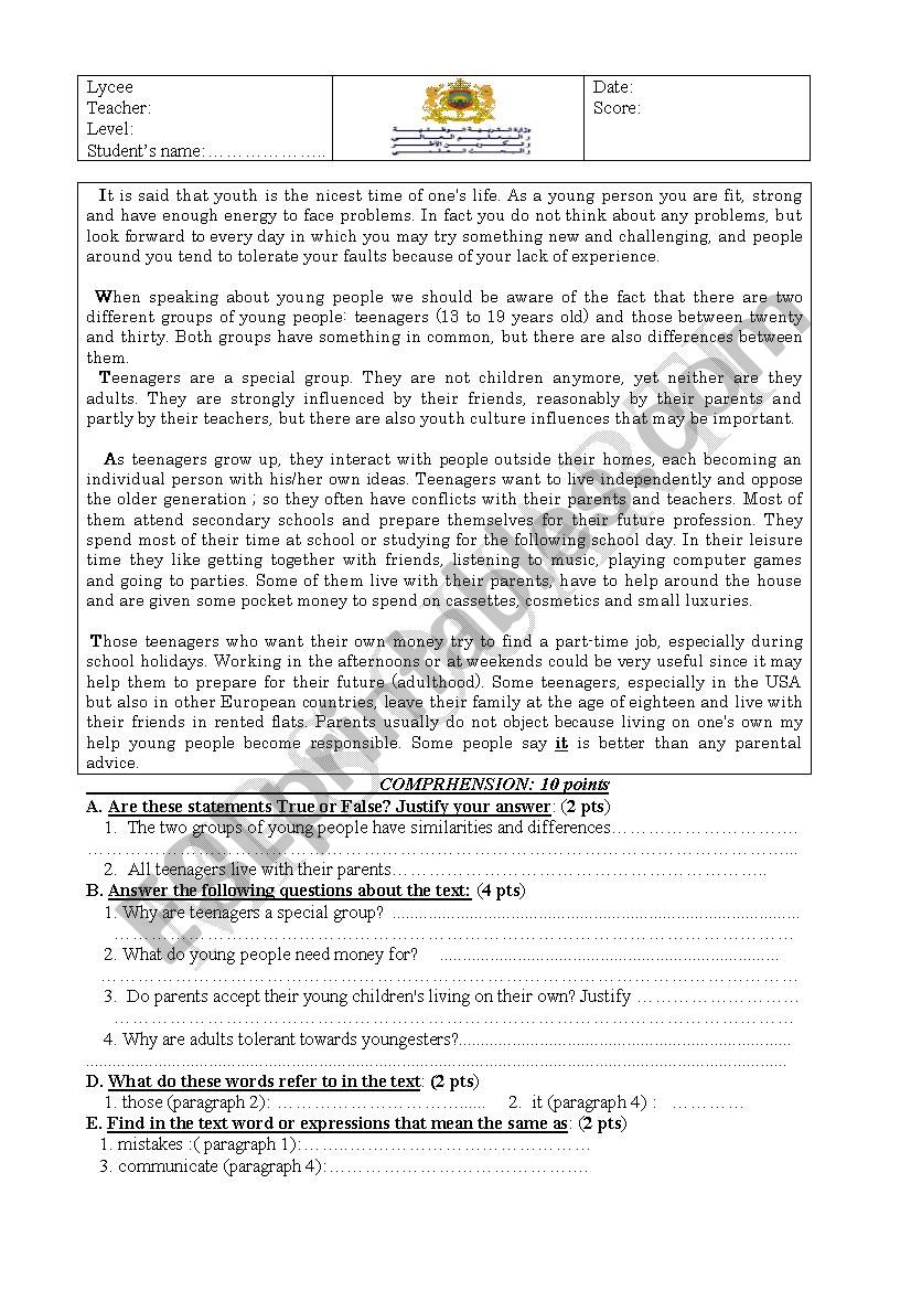 YOUTH READING worksheet