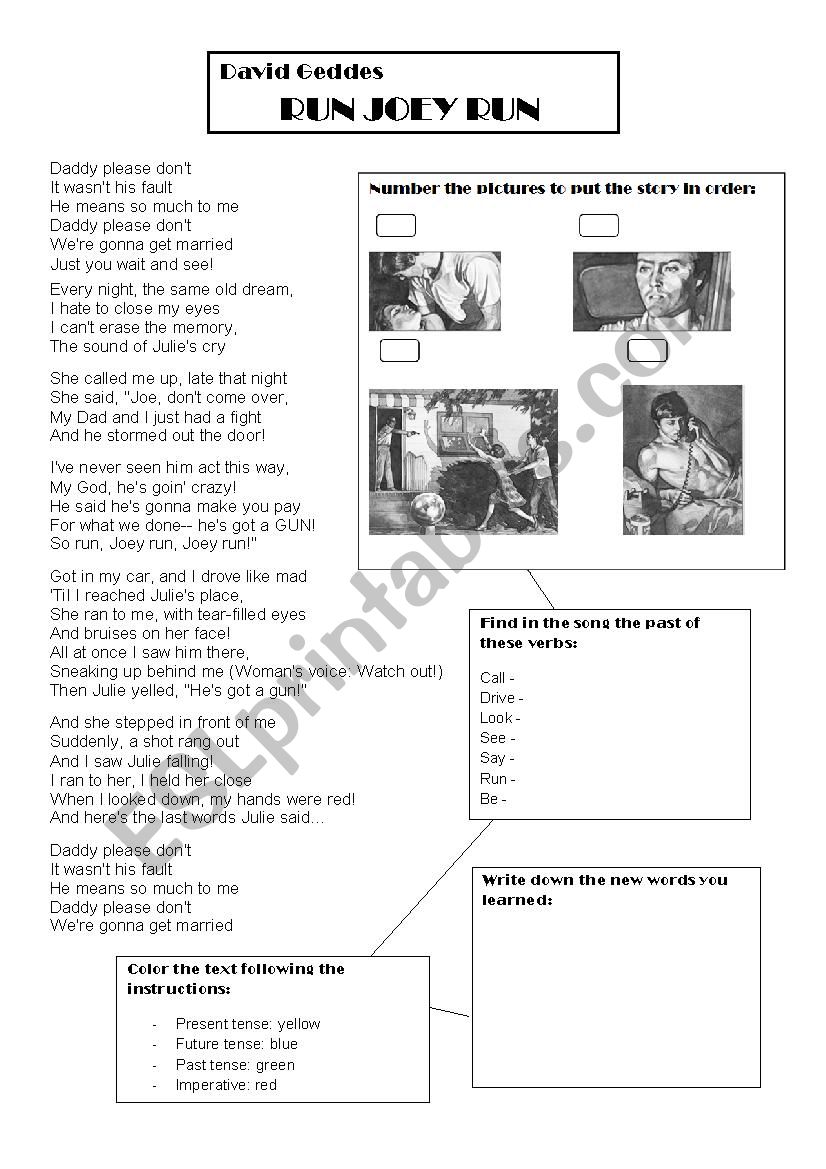 Song - Run Joey Run worksheet