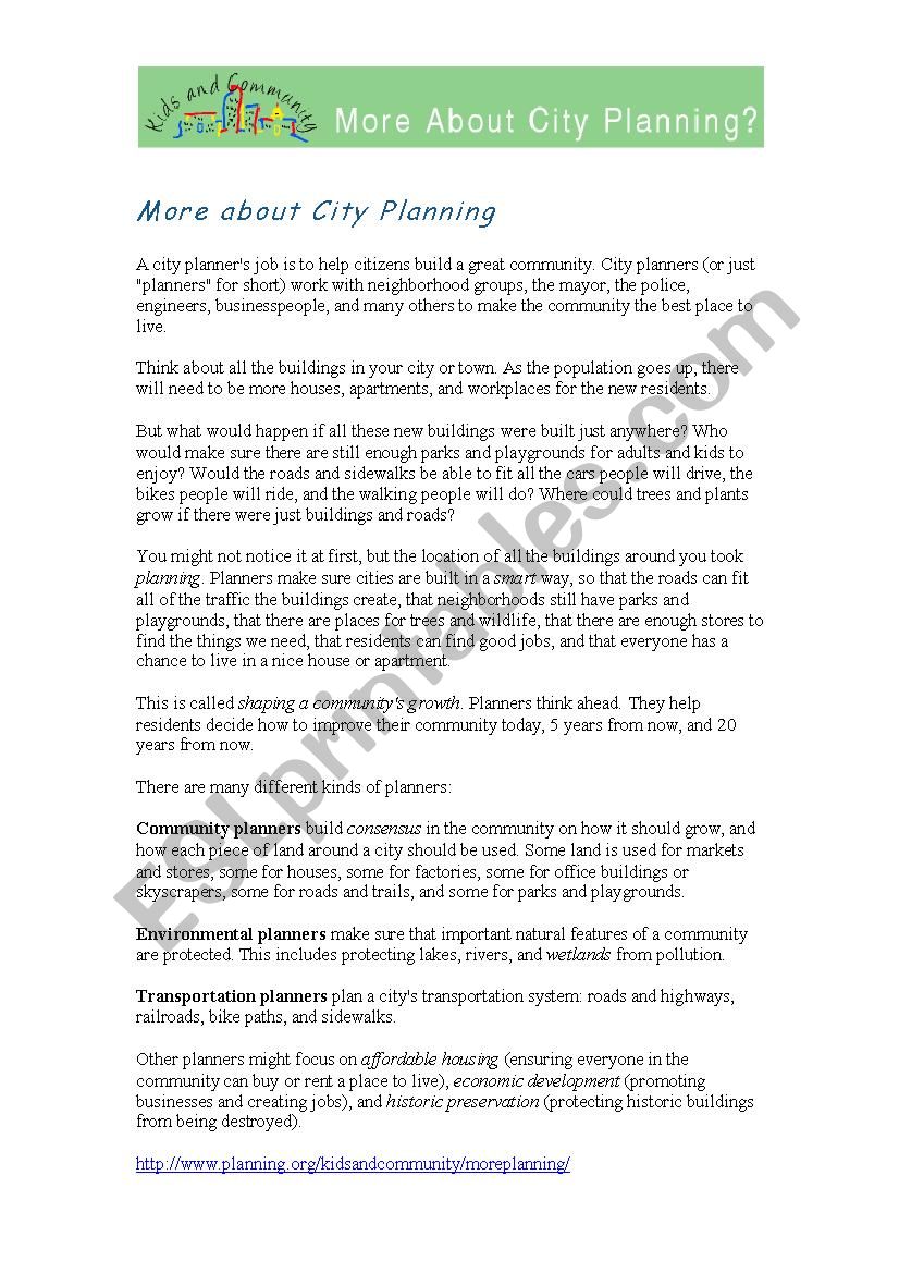 city planning worksheet