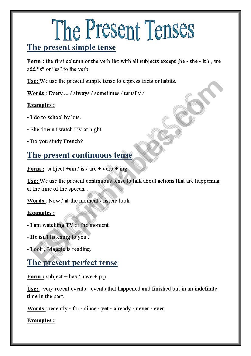 the present tenses worksheet