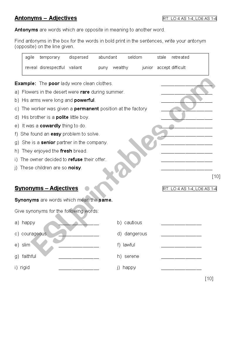 Synonyms and Antonyms worksheet