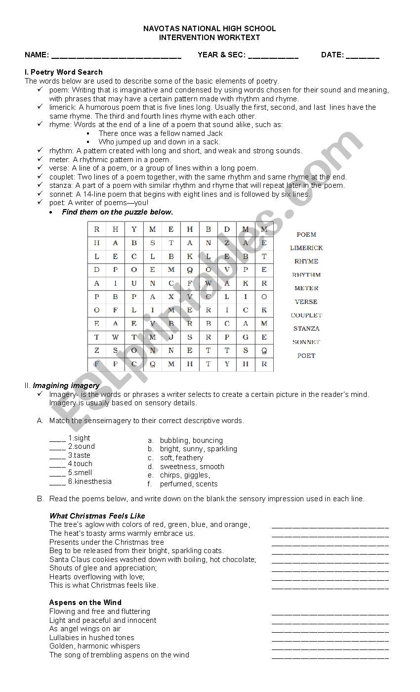 Poetry Writing Worksheet worksheet