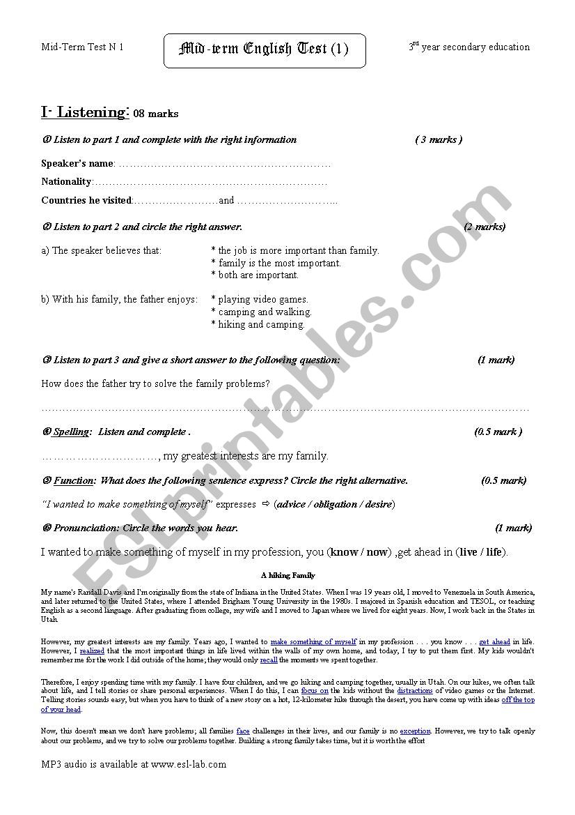 Mid-Term Test N 1 3rd year worksheet